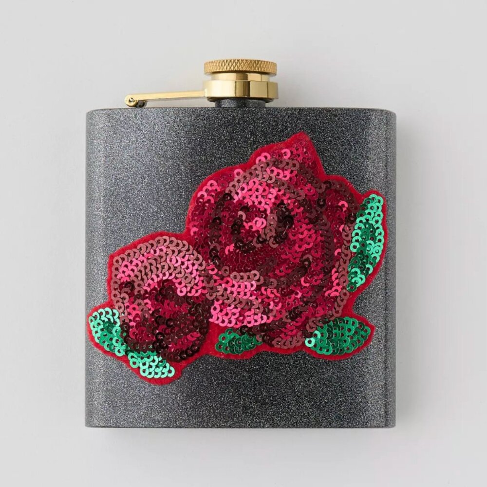 Urban Outfitters Black with Red and GreenSequin Rose Design Flask